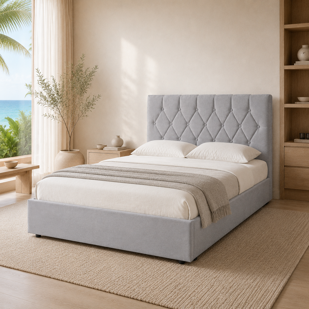 Close view of SAFA's Velvet Ash Grey diamond-button tufted headboard and tailored padded sections