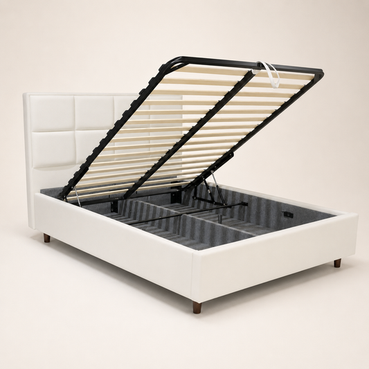 AMYNA Premium Luxe storage bed in Suede Light Beige with a 12-inch mattress