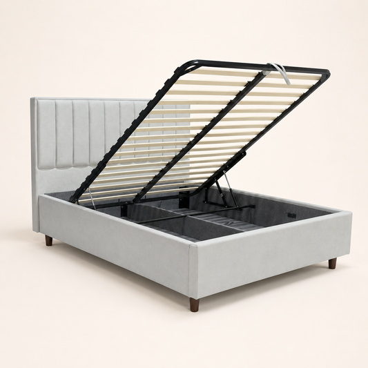 AZYZA gas-lift storage bed open to show its under-bed compartment and metal lift frame