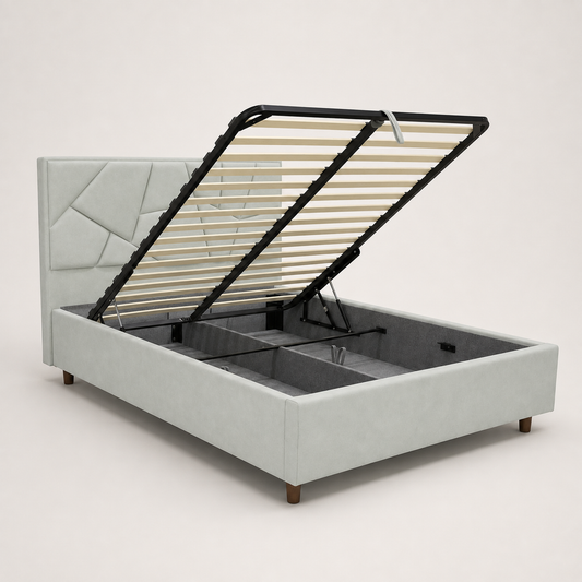 SAKYNA gas-lift storage bed open to show its under-bed compartment and metal lift frame