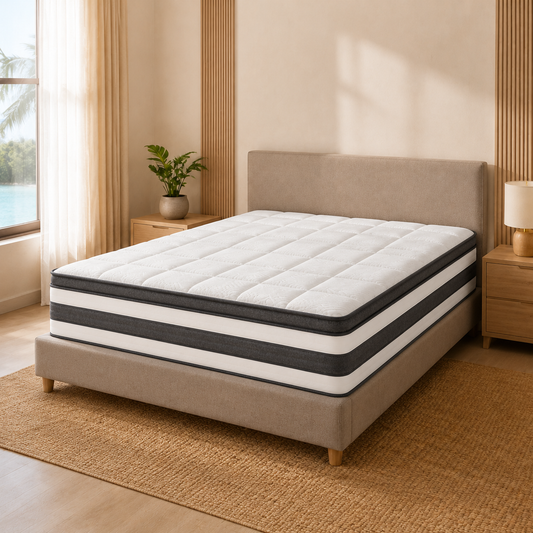 A high-profile mattress with white quilted top and dark gray striped sides, resting on a matching upholstered bed frame in a modern, sunlit bedroom.