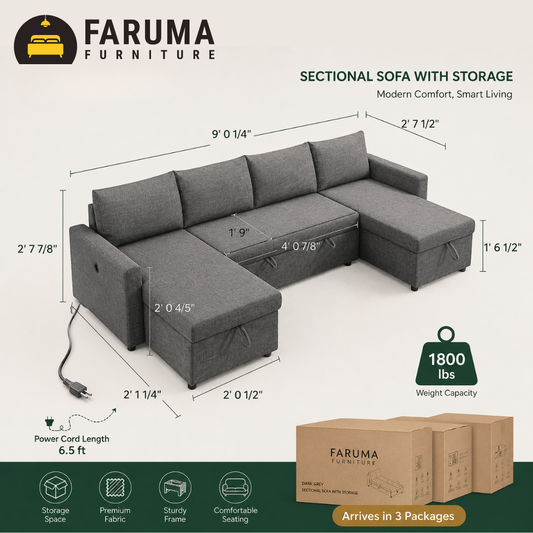 Sofa Bed U Shape - Vivo Grey