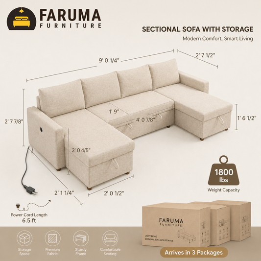 Sofa Bed U Shape - Vivo Beige