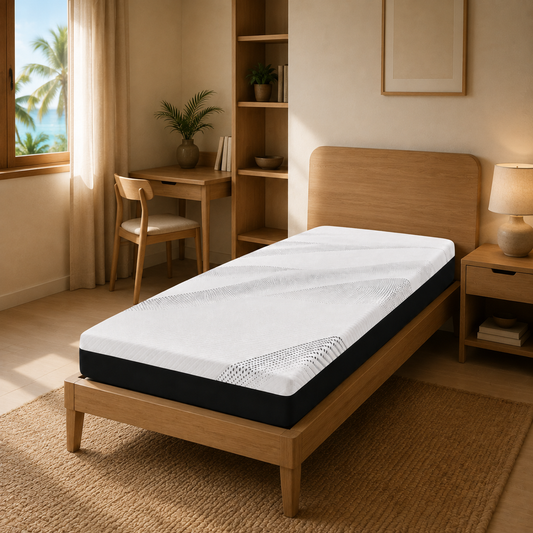 A mattress on a light wood bed frame in a warm, modern bedroom with beige walls, a wooden desk, and a window showing a tropical view.