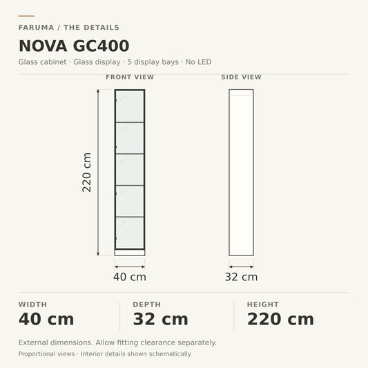 NOVA GC400 technical drawing: 40 cm wide, 32 cm deep and 220 cm high, with proportional front and side views.