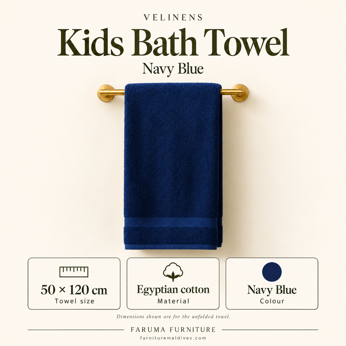 Egyptian Cotton Kids Bath Towel · Navy Blue — size and product specification guide