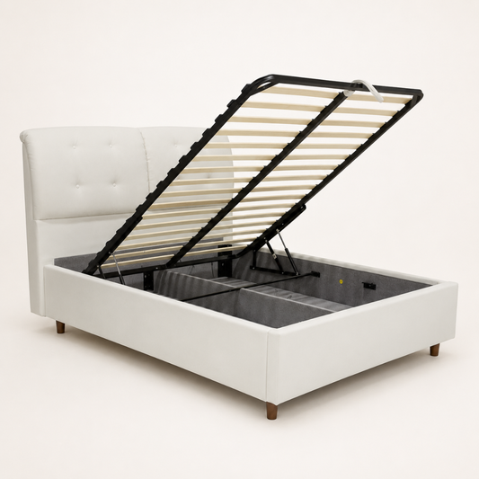 UZMA gas-lift storage bed open to show the under-bed compartment and metal lift frame