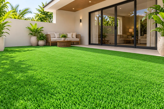 Artificial grass across a residential island patio — styling visualisation
