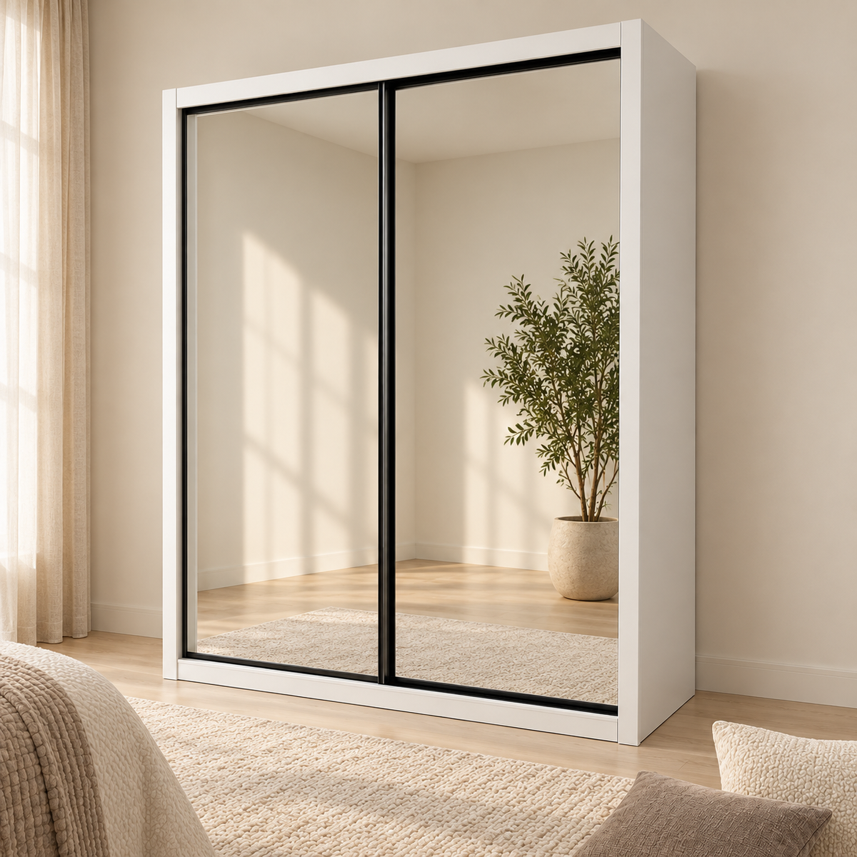 AIDA 1.8 m mirrored sliding wardrobe with a white frame and black door profiles in a neutral bedroom