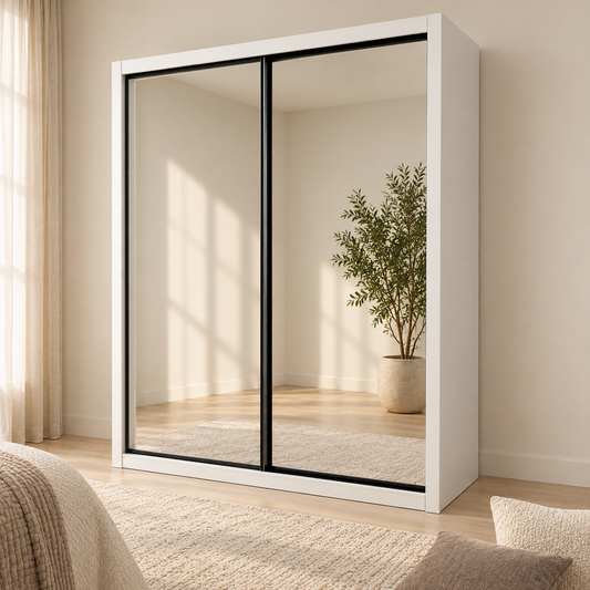 AIDA 1.8 m mirrored sliding wardrobe with a white frame and black door profiles in a neutral bedroom