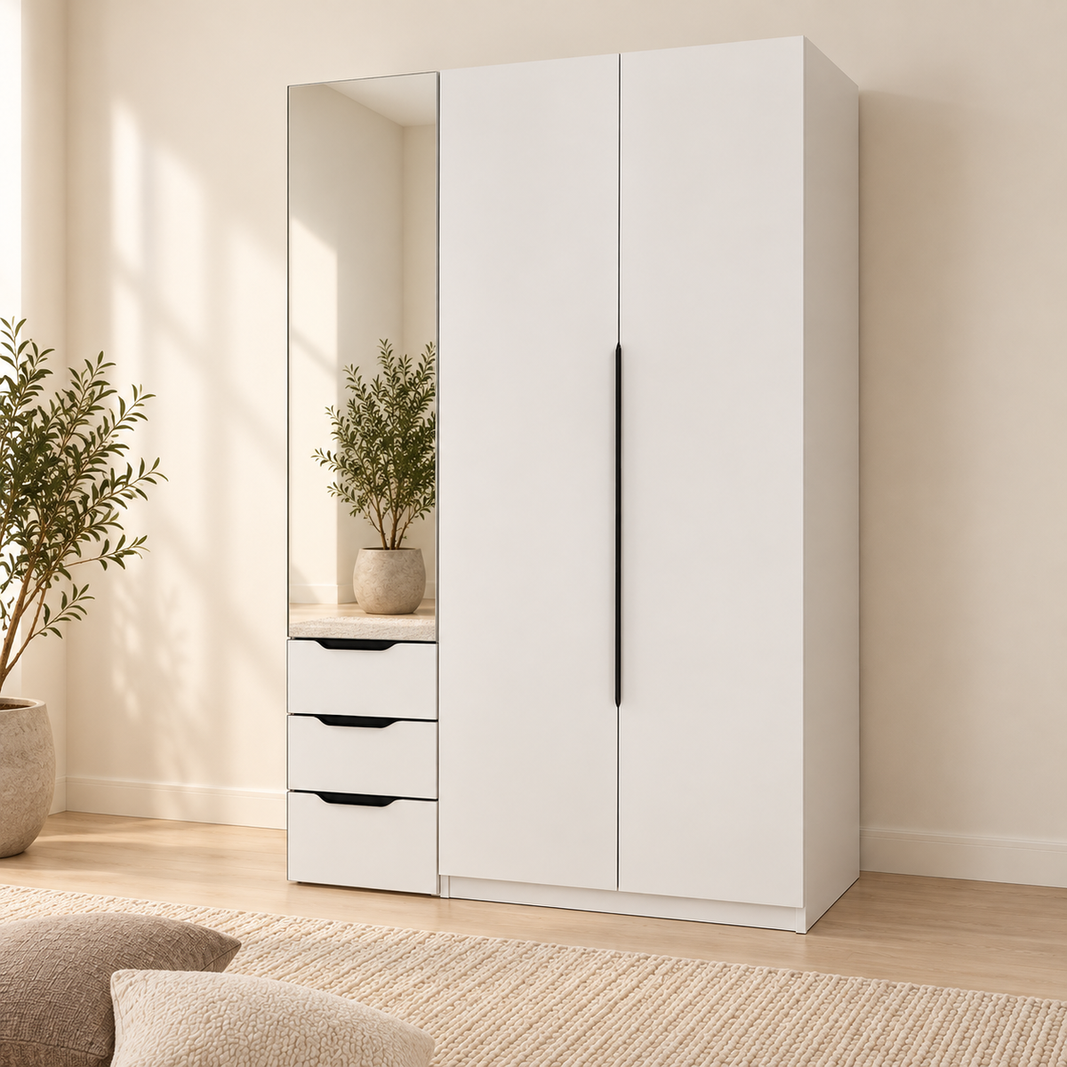 AIDA 3-Door Mirror Wardrobe with a mirrored vanity and three drawers on the left beside two white wardrobe doors
