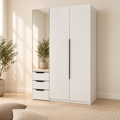 AIDA 3-Door Mirror Wardrobe with a mirrored vanity and three drawers on the left beside two white wardrobe doors