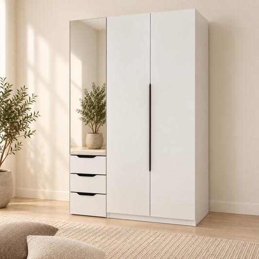 AIDA 3-Door Mirror Wardrobe with a mirrored vanity and three drawers on the left beside two white wardrobe doors