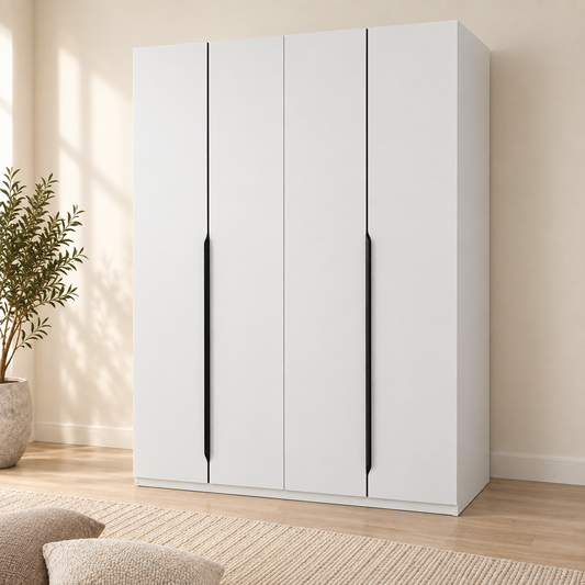 AIDA 4-Door Wardrobe in Matt White with four solid doors and slim black handle detailing in a neutral bedroom