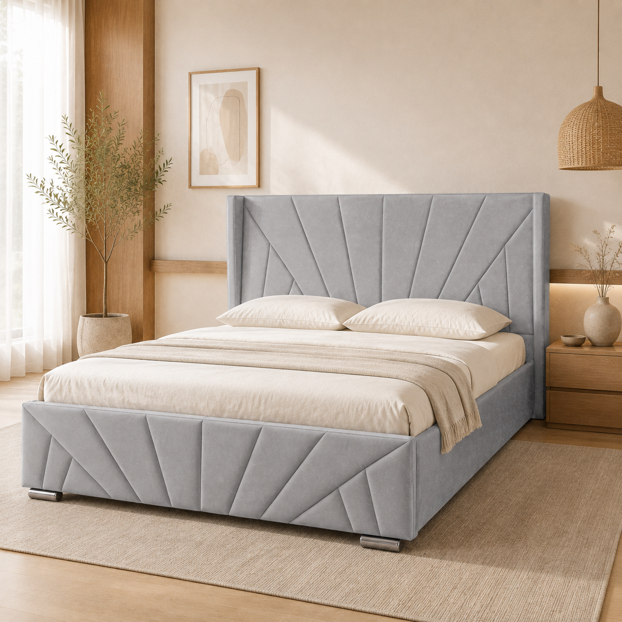 Close-up of the AIZA gas strut, metal lift frame, wooden slats and under-bed storage cavity