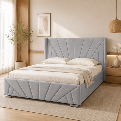 Close-up of the AIZA gas strut, metal lift frame, wooden slats and under-bed storage cavity