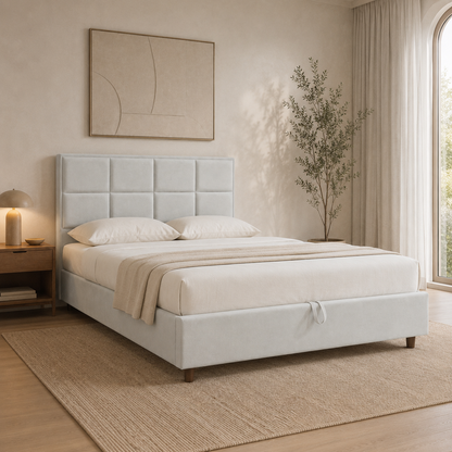 AMYNA Premium Luxe storage bed in Suede Light Grey with a 12-inch mattress