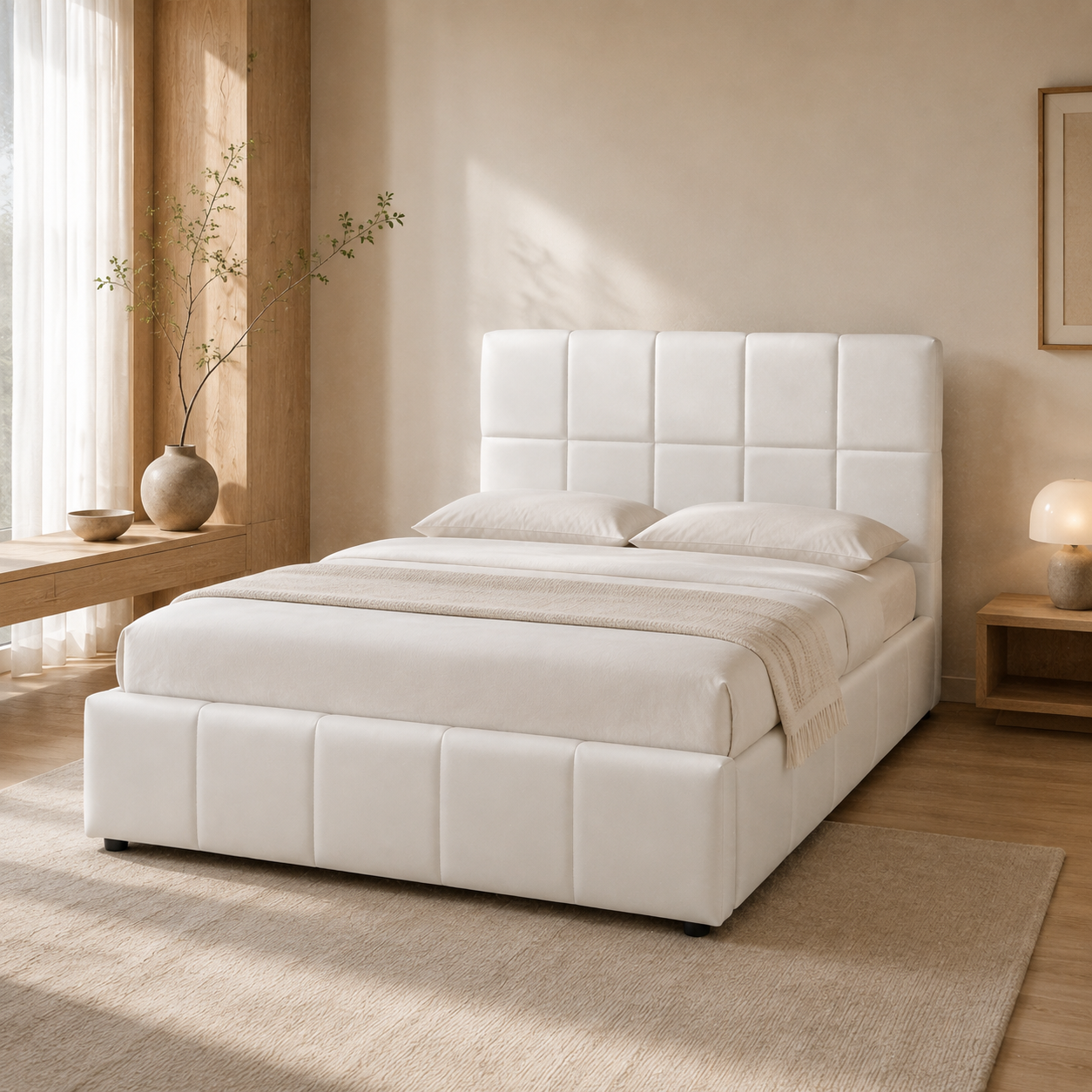 HUDA Double gas-lift storage bed in PU White with a ten-panel padded headboard and matching footboard