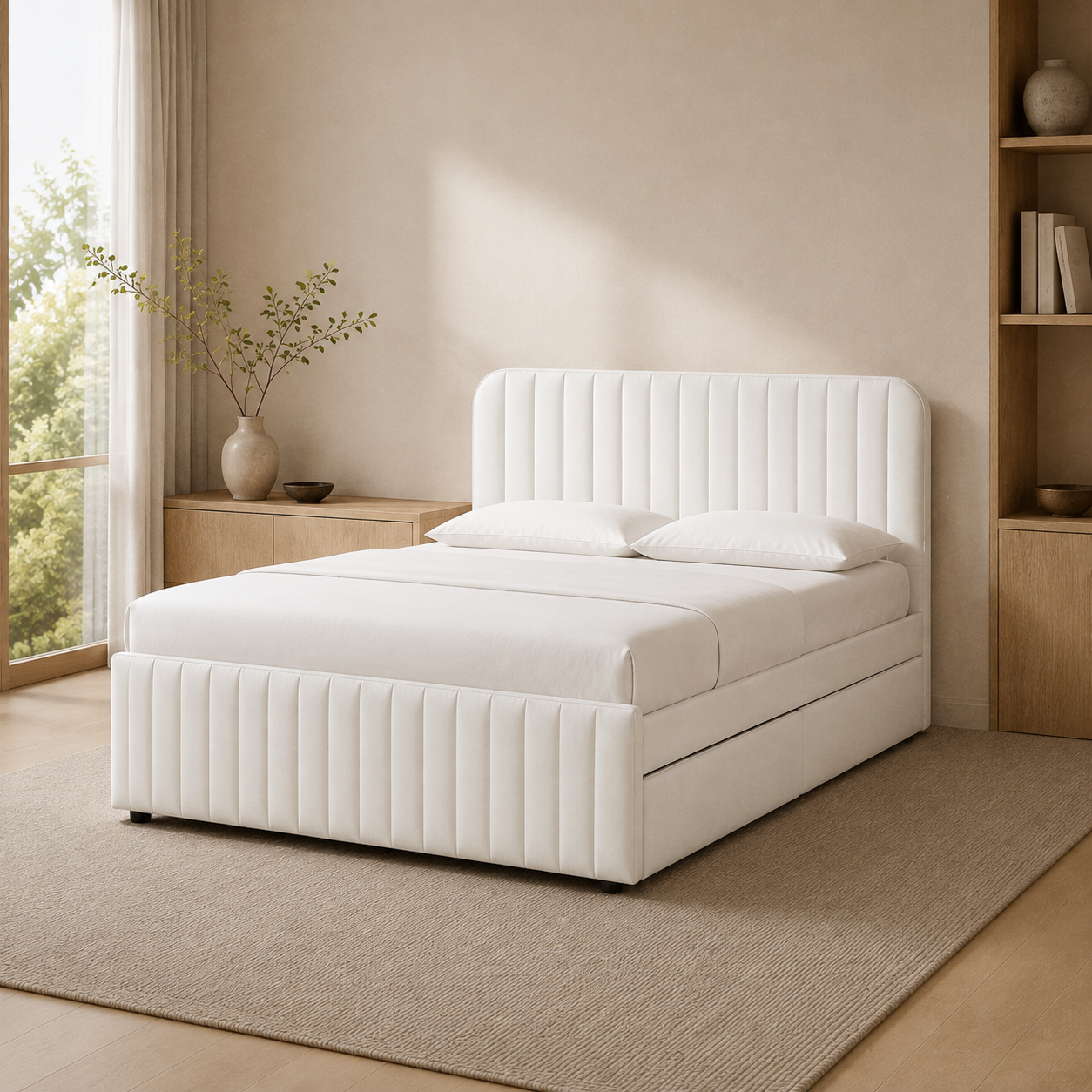 IMRAN PU White trundle bed with vertical channel headboard and the pull-out closed