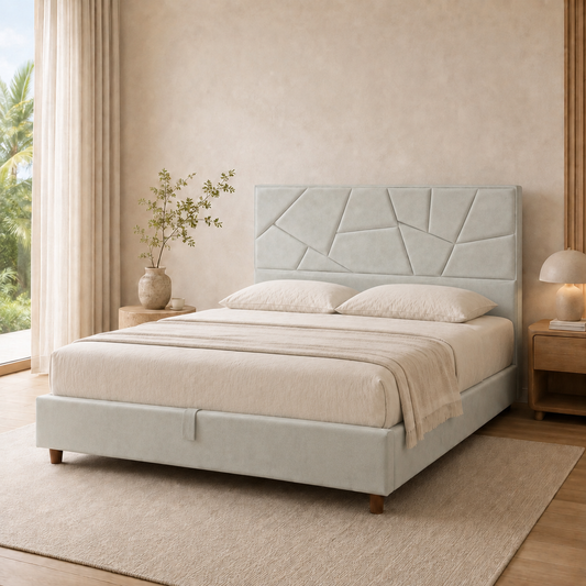 SAKYNA Premium Luxe storage bed in Suede Light Grey with a 12-inch Queen mattress