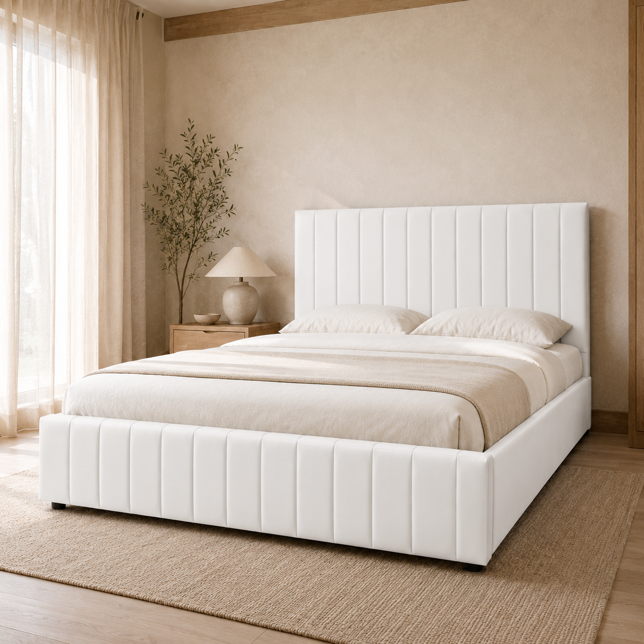 SANA Double gas-lift storage bed in PU White with a tall vertical-channel headboard and matching footboard