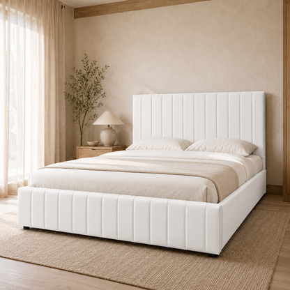 SANA Double gas-lift storage bed in PU White with a tall vertical-channel headboard and matching footboard