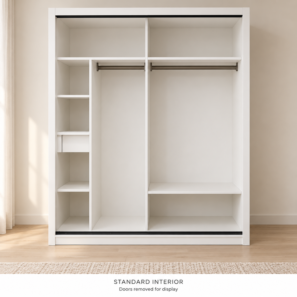 AIDA 1.8 m default interior with two hanging sections, upper compartments, four left cubbies, one drawer and a lower shelf; doors removed for display