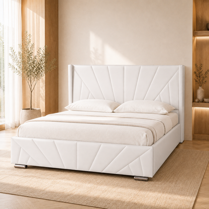 AIZA Queen gas-lift storage bed in PU White with matching geometric headboard and footboard