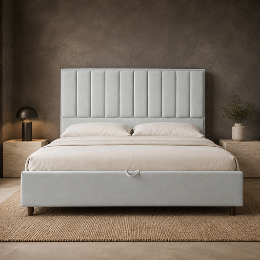 AZYZA Premium Luxe storage bed in Suede Light Grey in a warm neutral bedroom