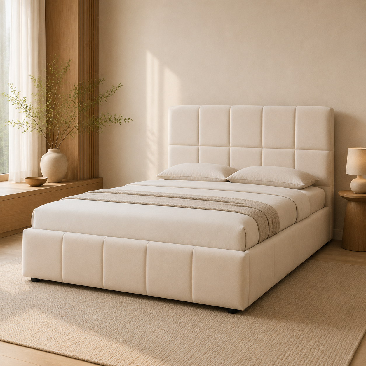 HUDA PU White storage bed showing its curved wooden slats, black metal support frame and padded panels