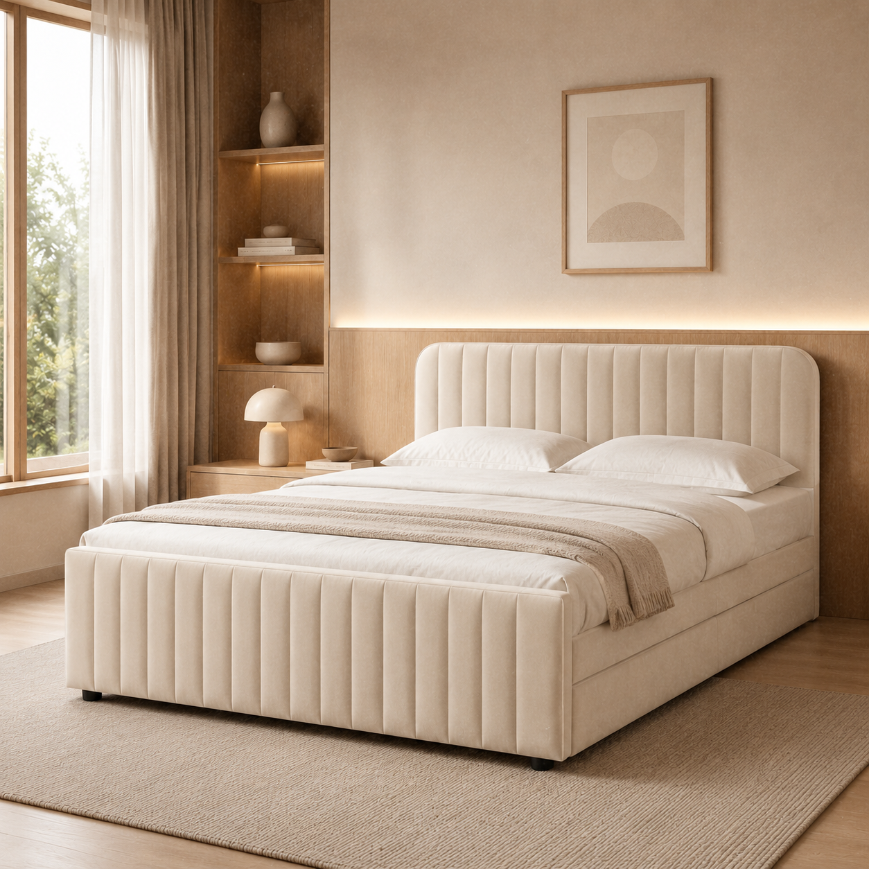 IMRAN Velvet Beige trundle bed with rounded vertical channel headboard and pull-out closed