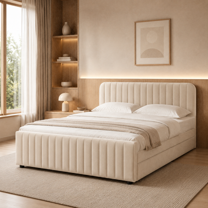 IMRAN Velvet Beige trundle bed with rounded vertical channel headboard and pull-out closed