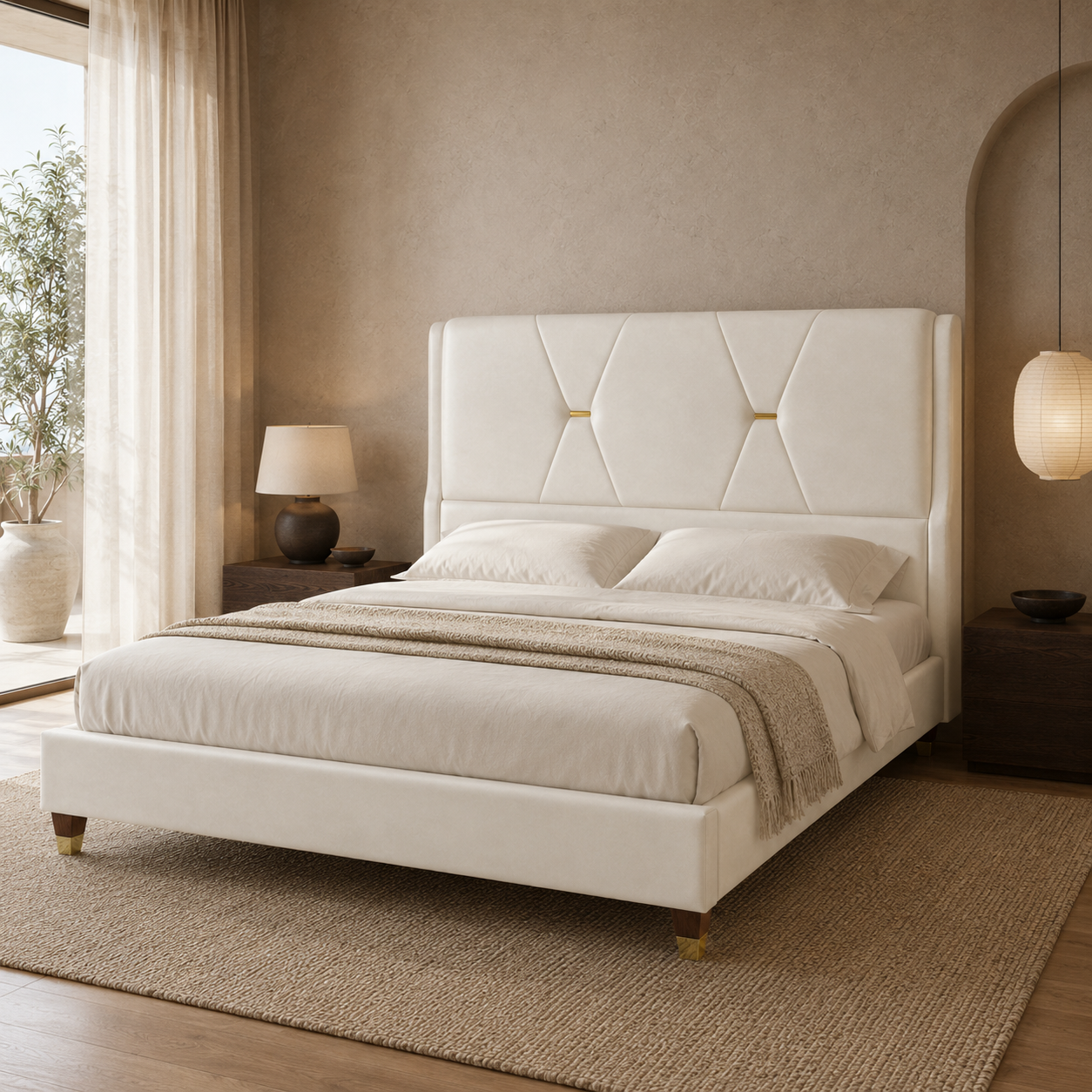 A modern white upholstered bed with a tall diamond-tufted headboard and matching footboard, styled in a warm beige bedroom with wood nightstands, lamps, and a woven rug.