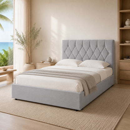 Close view of SAFA's Velvet Ash Grey diamond-button tufted headboard and tailored padded sections