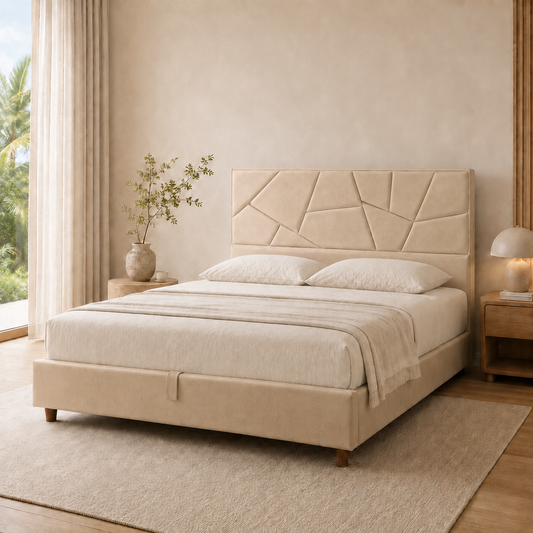 SAKYNA Premium Luxe storage bed in Suede Light Beige with a 12-inch Queen mattress
