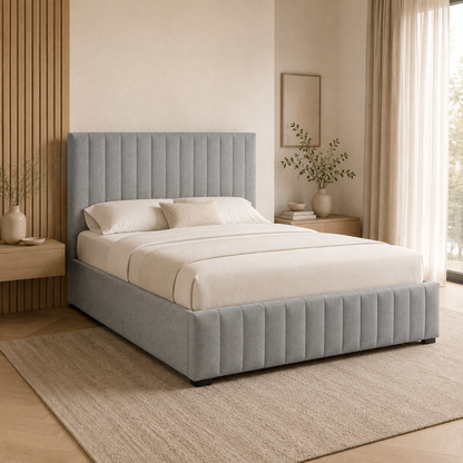 SANA Queen gas-lift storage bed in Velvet Ash Grey with tailored vertical-channel upholstery