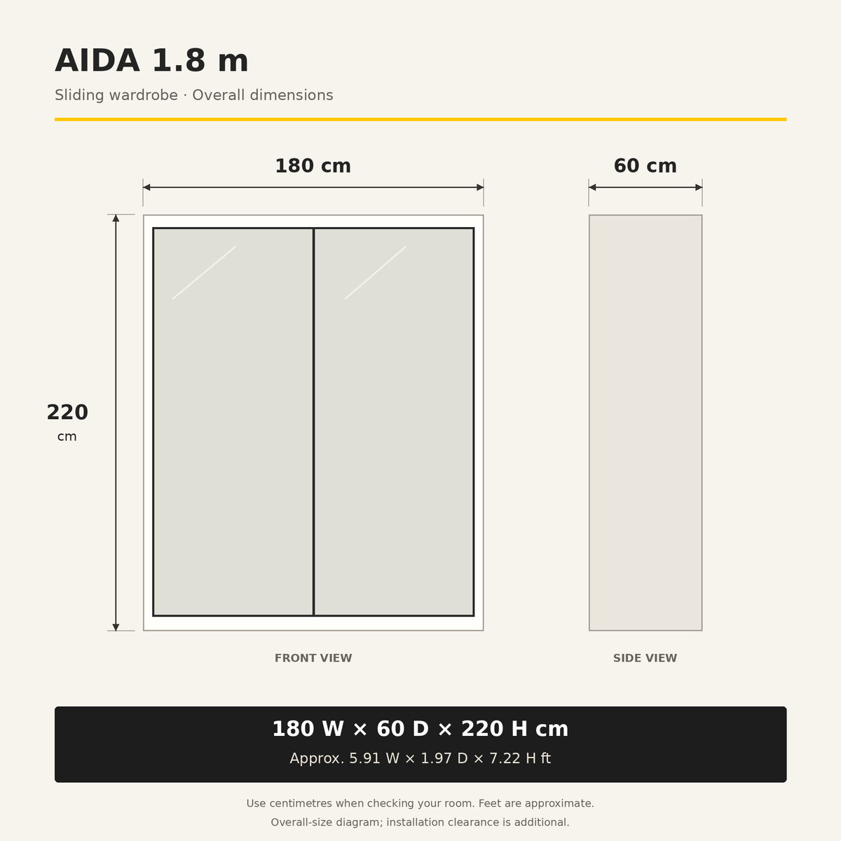 AIDA wardrobe dimension diagram: 180 cm wide, 60 cm deep and 220 cm high, with approximate feet conversions