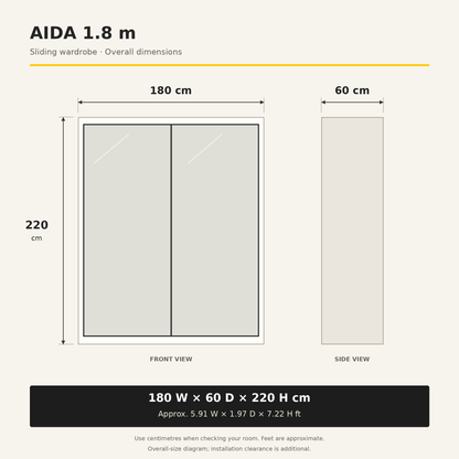 AIDA wardrobe dimension diagram: 180 cm wide, 60 cm deep and 220 cm high, with approximate feet conversions