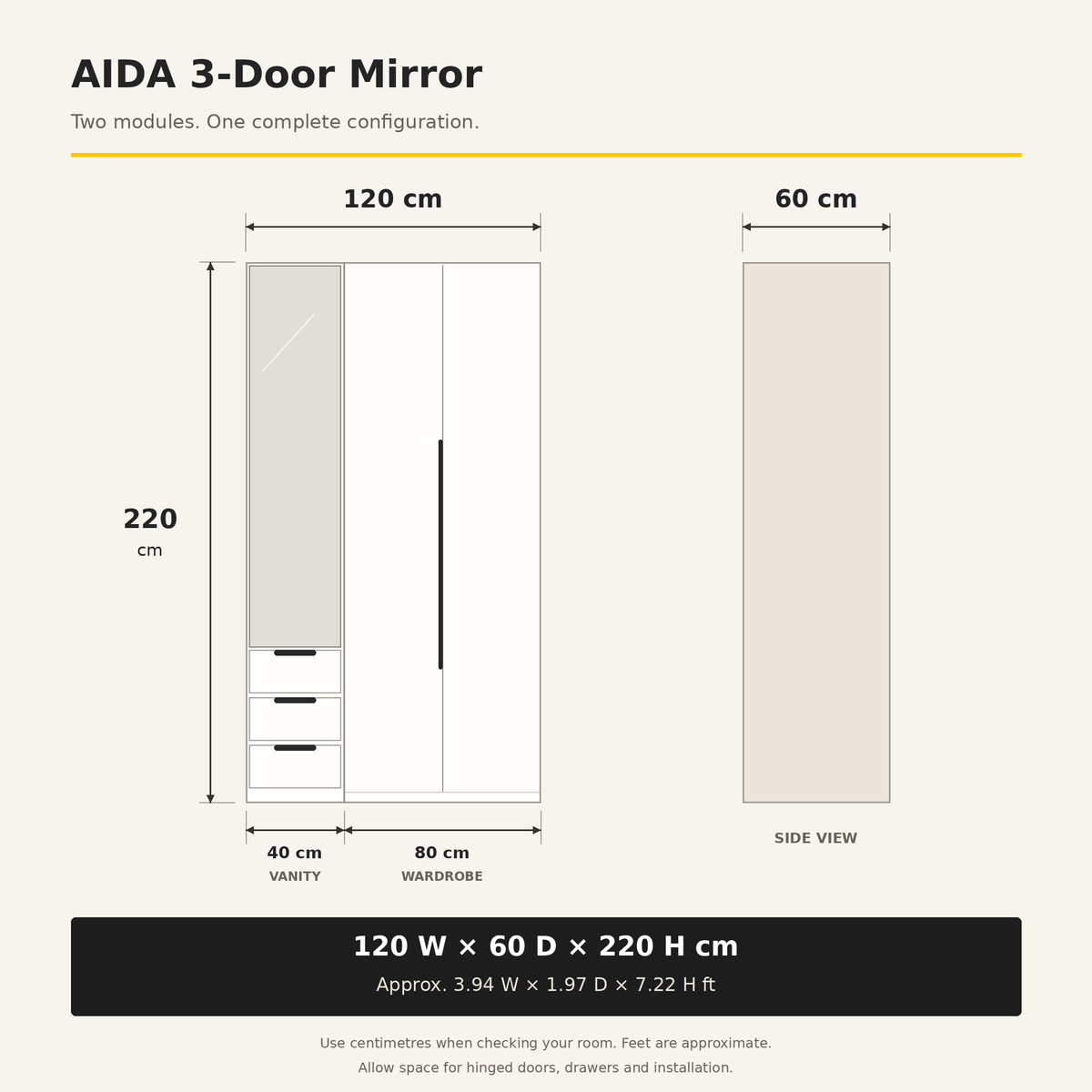 AIDA 3-Door Mirror dimension diagram: 120 cm wide, 60 cm deep and 220 cm high, combining 40 cm vanity and 80 cm wardrobe modules
