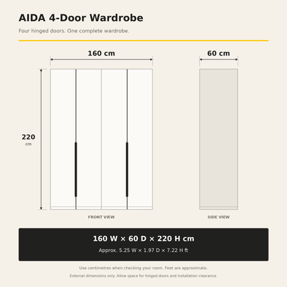 AIDA 4-Door Wardrobe dimension diagram: 160 cm wide, 60 cm deep and 220 cm high, with approximate feet conversions