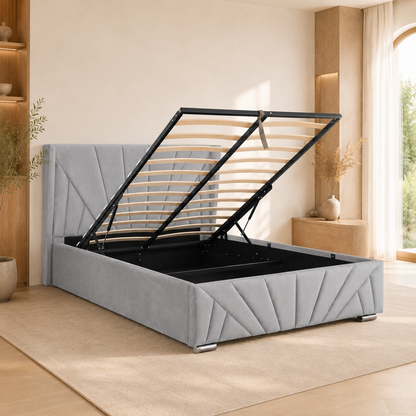 AIZA Double gas-lift storage bed in Velvet Ash Grey with geometric sunburst upholstery
