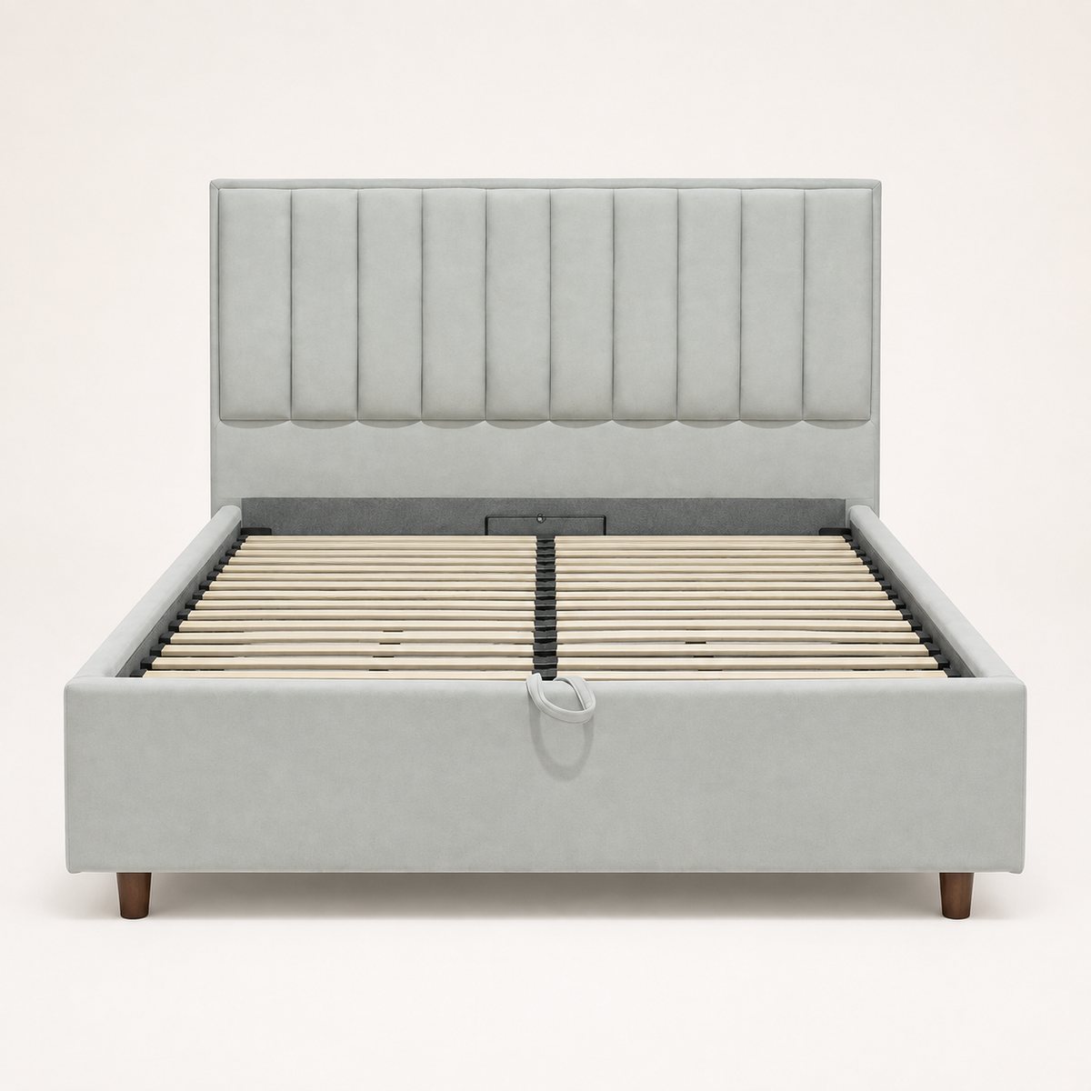 Front view of the AZYZA Suede Light Grey storage bed with vertical-channel headboard