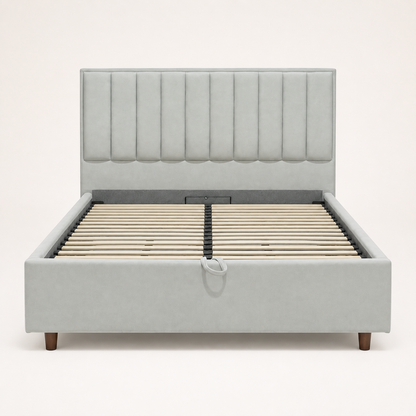 Front view of the AZYZA Suede Light Grey storage bed with vertical-channel headboard