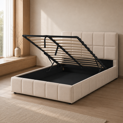 HUDA Queen gas-lift storage bed in Velvet Beige with soft grid-panel upholstery