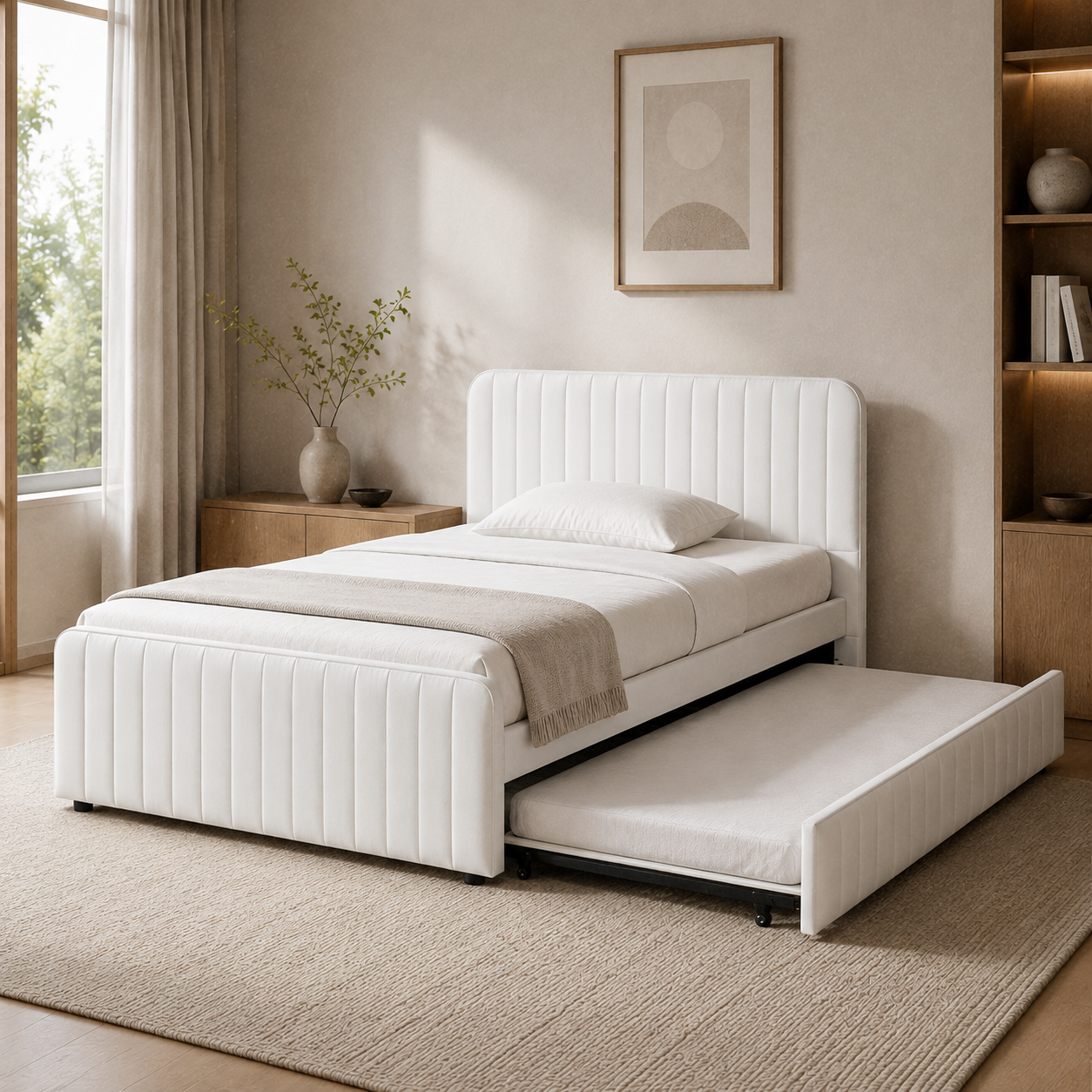 IMRAN PU White trundle bed extended with a main mattress and low 6-inch Single pull-out mattress