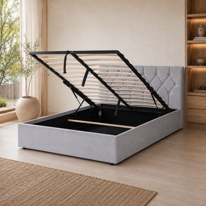 SAFA Super Single gas-lift storage bed in Velvet Ash Grey with a diamond-button tufted headboard