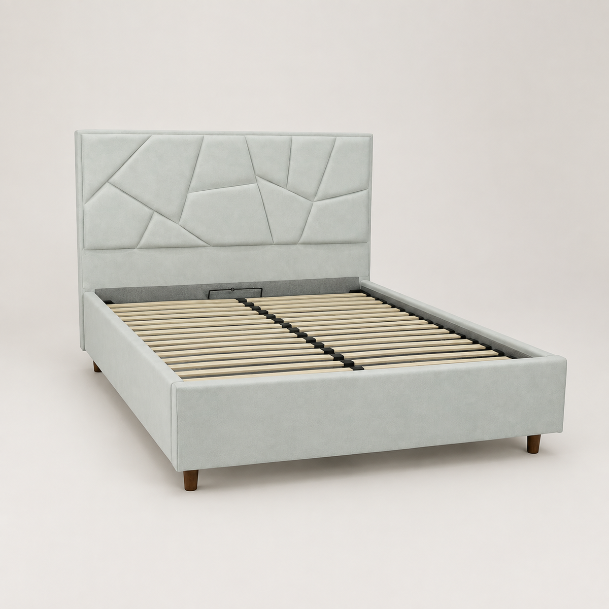 SAKYNA storage bed without a mattress showing its wooden slats and metal support platform
