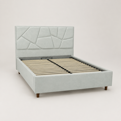 SAKYNA storage bed without a mattress showing its wooden slats and metal support platform