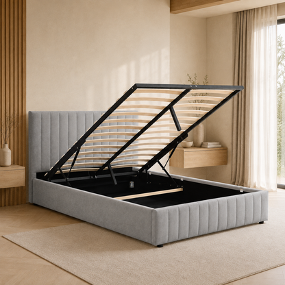 SANA Velvet Ash Grey storage bed with the gas-lift slatted platform raised above the storage cavity