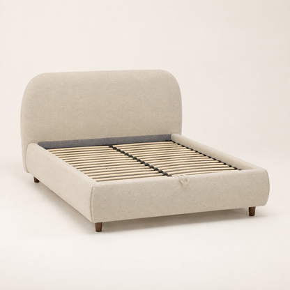 ZULFA cloud storage bed without a mattress showing its wooden slats and black metal support platform